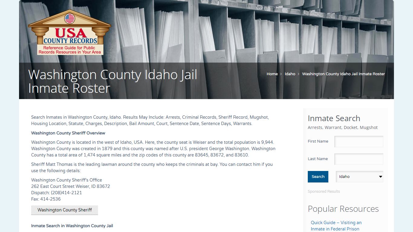 Washington County Idaho Jail Inmate Roster | Name Search